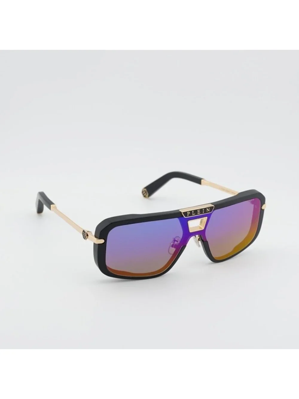 Philipp Plein SPP008M 703V Sunglasses Black Aviator Frame, Smoke Rainbow Lenses